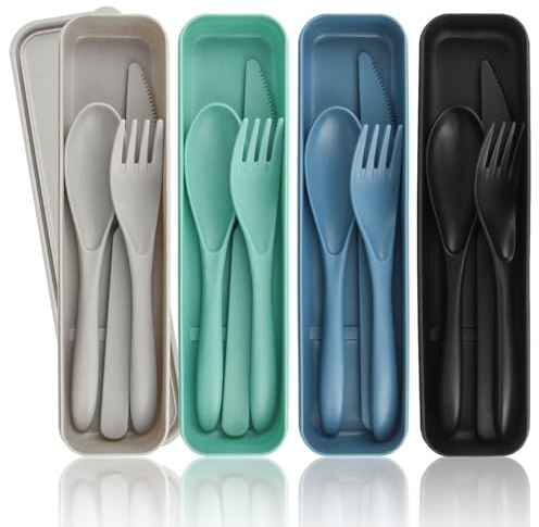 NVGVUP 4 Plastic Cutlery Set, Reusable Travel Cutlery with Case, Camping Cutlery with Spoon, Knife, Fork, Portable Utensils for Lunch Box, Plastic Cutlery Set for Travel, Picnic, School, Office