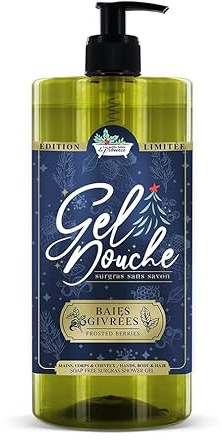 Gel Douche Surgras Baies Givrées 1L Les Petits Bains de Provence - Édition Limitée Noël, Sans Savon, 96% Ingrédients Naturels, Corps et Cheveux