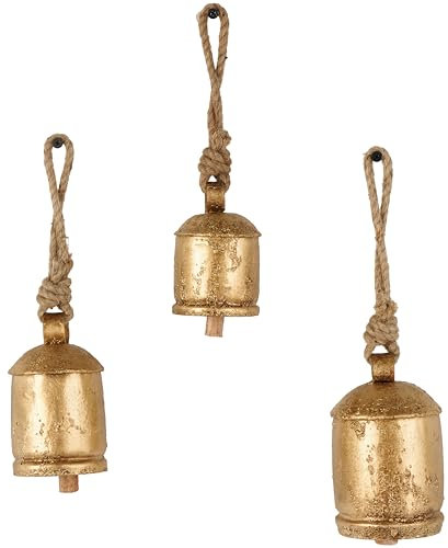 Deco 79 Dekorative Kuhglocken aus Metall, für drinnen und draußen, Meditationsglocke mit Jute-Seil zum Aufhängen, 3 Stück, Kuhglocke, 10,2 cm, 7,6 cm, 5,1 cm H, Gold