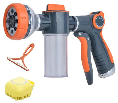 Hecurba Dog Washing Hose Attachment, 8-in-1 Sprayer Hose Nozzle with Soap Dispenser for Dog Showering, Watering Flowers, Car Washing (With Brush and Lint Remover)