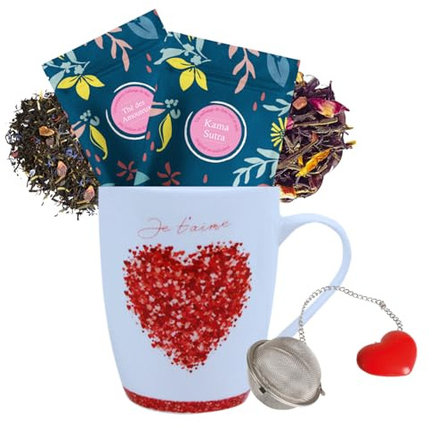 COMPTOIR FRANÇAIS DU THÉ - Mug JE t'AIME + 2 Thés 20G + Boule à Thé | Coffret Cadeau Mug JE t'Aime + 2 Thés Mixtes Comptoir Français DU THÉ 20G + Boule à Thé - Laissez L’Amour Infuser
