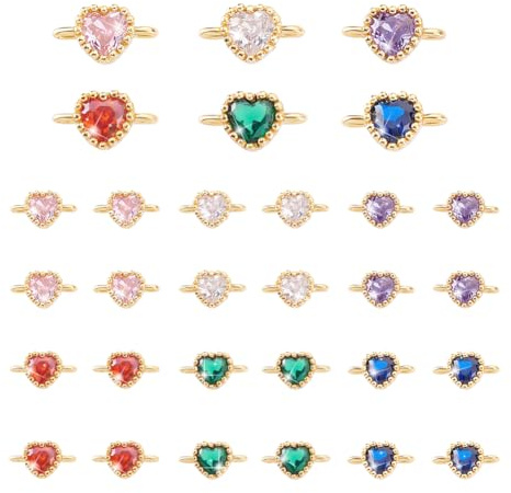 PH PandaHall 30pcs 6 Colours Heart Charms Mother's Day Charms Ziconia Heart Connectors 18K Glod Plated Jewellery Links with Loop for Bracelet Necklace Making DIY Crafts 9.5x5mm