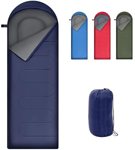 Warmiehomy Vuxen sovsäck med tät huva, andningsbara enkla sovsäckar med 0,95 kg hålfiberfyllning, mysiga kompakta sovsäckar för inomhus och utomhus, campingtillbehör (mörkblå)
