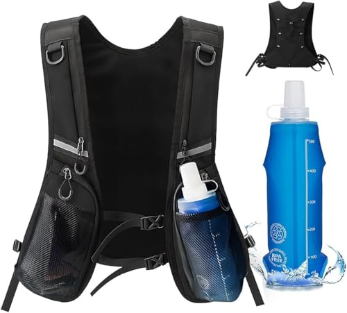 Gilet Running, Zaino Idratazione con 1 Borraccia Morbida 500ml, Gilet da Corsa Leggero Riflettente Traspirante per Uomini e Donne, Running Vest con 6 Tasche Adatto per Corsa Ciclismo Jogging