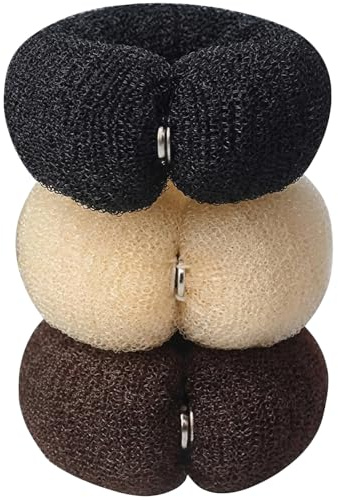 3 x mehrfarbige Nylon-Donut-Haarknotenmacher mit Knöpfen, DIY-Haar-Schaum-Ringformer, Schnapp-Haar-Rollen-Werkzeug für Hochsteckfrisuren, Ballett-Frisuren (Schwarz, Beige, Khaki)