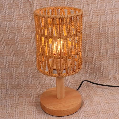 OKSANO Boho kleine Tischlampe mit Birne, rustikale Rattan Lampe für Schlafzimmer, Nachttisch Lampe, Tischlampe für Wohnzimmer, hölzerne Basis Nachttischlampe, Schreibtischlampe für kleine Räume