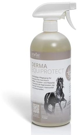 STRÖH Derma EquiProtect - Pflegespray für empfindliche Pferdehaut - 1L | Mit Lebermoos, Niem, Panthenol, Lavendel - Hautpflege bei Ekzem, Schuppen, Mauke, Hautpilz- & Milbenbefall - Tierversuchsfrei