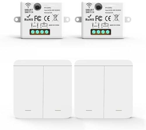 Kit Interruttore Luce Smart WiFi – Ricevitore + Interruttore Wireless, Controllo Remoto Intelligente compatibile con App Tuya e Google Home/Alexa (2 Ricevitori e 2 Interruttori (2 Tasti))