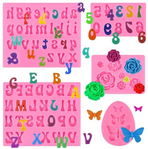 5 Stück Silikonform Buchstaben Zahlen Set – Kleinbuchstaben Großbuchstaben 3D Alphabet Fondantform für Schokolade Fondant Seife Harz DIY Torte Deko Silikonformen Schmetterling Blume Gießform Backform