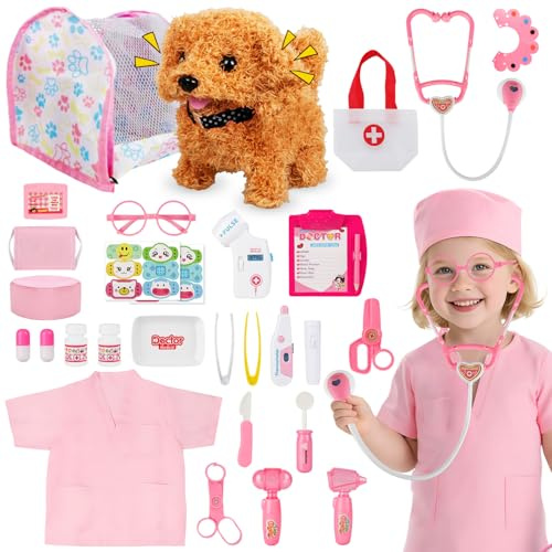 TOSZOLY Kit Veterinario Bambini Giocattolo, Valigetta Dottore Bambini Include Cane di Peluche Stetoscopio Termometro, Giocattoli del Dottore Adatto a Giochi di Ruolo per Bambino di 3 4 5 Anni