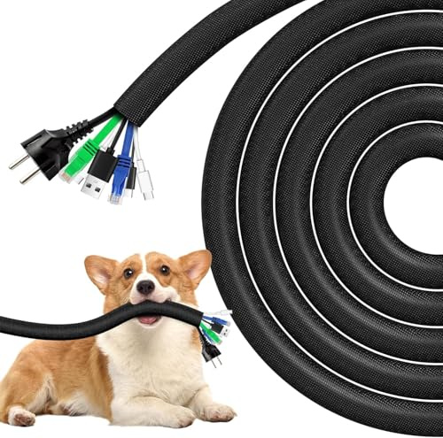AGPTEK 6m Kabelschlauch, 25mm Selbstschließend Kabelkanal, Schwarz | Zuschneidbar Flexibler Gewebter Kabelmantel, Kabelmanagement für Hause, Büro, Auto, Nylon Kabelschutz für Hund, Katze