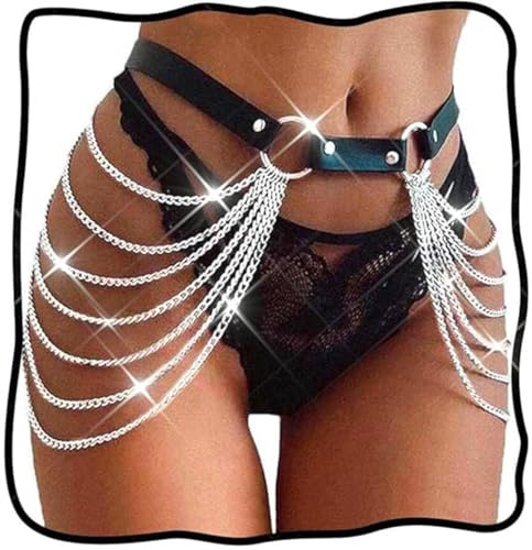 Evlry - Cadena de cuerpo de cuero punk de Halloween en negro, cinturón con cadena, cadenas múltiples para la cintura, joyería de festival, cadena de playa, accesorio corporal para mujer para club