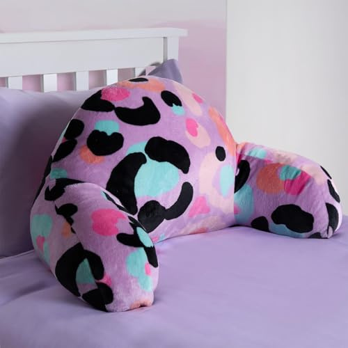 OHS Leopard Print Kids Cuddle Cushion, Reading Pillow for Bed Sofa Super Soft Cosy Fleece Gaming Cushion with Arms Back Support Pillow for Bed Relaxing Comfy, Lilac Purple