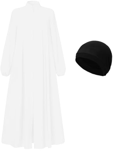 Cadymile Muslimisches Abaya-Kleid für Damen, Reißverschluss vorne, 2 Taschen, langärmelig, Gebet, islamische Kleidung, Weiss/opulenter Garten, Klein