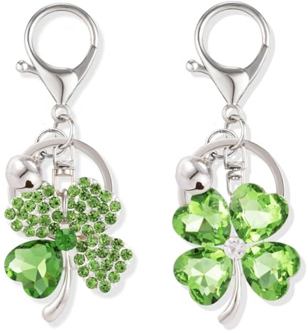 DOKRIN 2 porte-clés trèfle à quatre feuilles, 2 porte-clés porte-bonheur et 2 pendentifs porte-bonheur naturels en forme de feuille verte, parfaits comme cadeaux d'anniversaire pour femmes et hommes