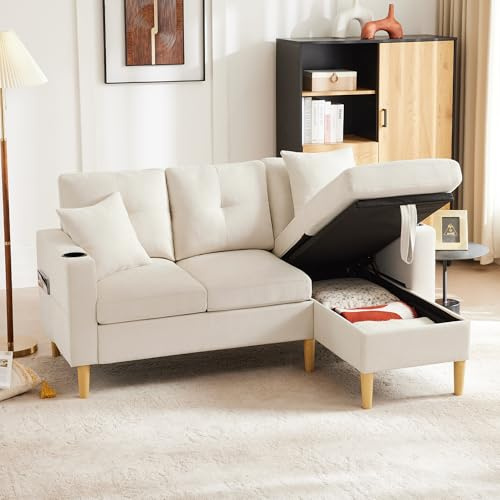 Generisch Modernes L-Form 3-Sitzer Ecksofa mit Chaiselongue, Stauraum & Getränkehalter – Inkl. 2 Kissen für Wohnzimmer, Büro oder kleine Wohnungen (175x129x90cm)