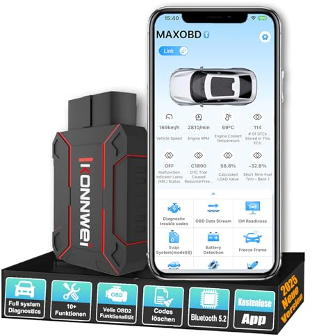 KONNWEI MAXOBD OBD2 KFZ Diagnosegerät für Auto, Bluetooth 5.2 Auto Scanner, All-System Fehlercode Leser & Motorprüfer, DTC Definition, Service Reset, Lebenslange Updates, iOS & Android kompatibel