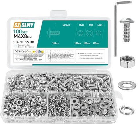 Set di 100 viti M4, viti a testa bombata M4 x 8 mm, in acciaio inox, set di viti a testa piatta con flangia, filettatura completa (100, M4 x 8 mm)