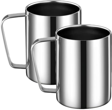 2 stycken koppar i rostfritt stål, 500 ml kaffekopp dubbelväggig isolerad, dubbelväggig rostfritt stål, Sus 304 metalltekopp med handtag, för kaffe, mjölk, juice och andra drycker