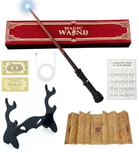 Lotvic Zauberstab HPotter mit Licht, 35cm Harry Zauberstab aus Harz | Elderstab, USB Wiederaufladbar Magic Wand mit Landkarte, Stationsticket, Zauberspruch-Karte und Zauberstabhalter