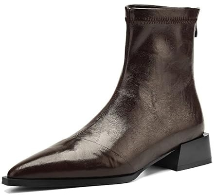 NHBEOEN Women's Leather Chunky Heel Ankle Boots with Back Zipper Retro Comfortable Pointed Toe Low Heel Short Bootie for Daily Casual Dress Boots (Brown,10)