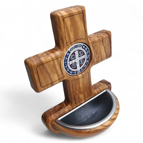 OVUNQUE PROTEGGIMI Weihwasserkessel aus Olivenholz mit St. Benedikt-Medaille, Wandkreuz 9 x 13 cm