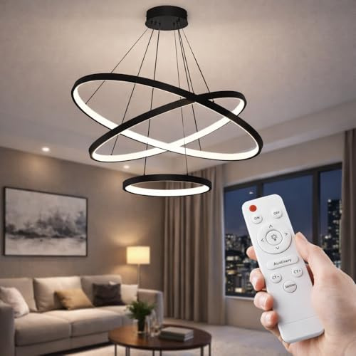 LED Pendelleuchte 3 Ringe Schwarz 72W 5760lm – Dimmbar mit Fernbedienung – Moderne Hängeleuchte mit einstellbarer Lichtfarbe 3000K–6500K – Höhenverstellbar bis 120 cm für Wohnzimmer, Schlafzimmer