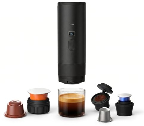 Macchina Caffè Espresso Portatile 3 in 1, Macchina da Caffè Italiana Automatica con Funzione Riscaldamento, Compatibile con Capsule Grandi, Piccole e Polvere, Batteria Ricaricabile USB (Nero)