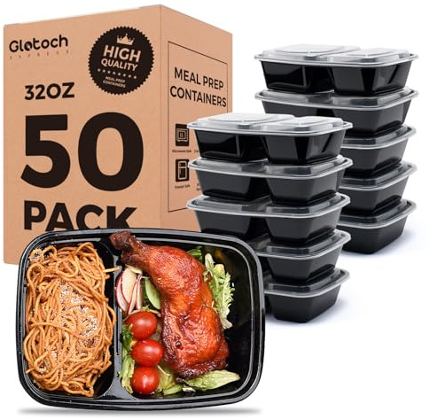 50 Pack (100-Piece) 32 oz Sturdy Leakproof 2-Compartment Meal Prep Containers with Lids, Plastic Food Storage Containers for Lunch, Microwave, Freezer, and Dishwasher Safe Takeout Containers