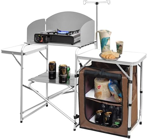 CampLand Table de Cuisson Pliante en Aluminium Portable avec Organisateur de Rangement, Pare-Brise, Crochets pour Barbecue, fête