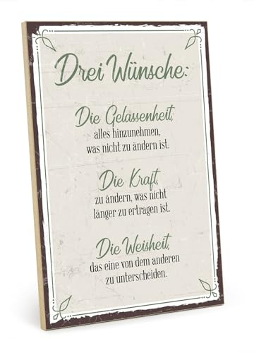 TypeStoff Holzschild mit Spruch - DREI WÜNSCHE - Vintage Schild als Geschenk und Dekoration zum Thema Gelassenheit, Kraft und Weisheit - HS-00405