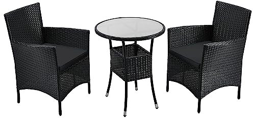 Juskys Polyrattan Balkon Set Bayamo 2 Personen - Tisch mit Glasplatte & 2 Stühlen - Wetterfeste Balkonmöbel - Auflagen waschbar - schwarz - grau