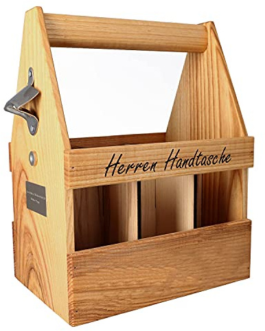 Smyla Personalisierter Holz Bierträger mit Wunsch-Text | Esche geölt mit Flaschenöffner | Einkaufskorb Getränkehalter Männer-Handtasche lustig Flaschenträger Holzbox
