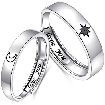 HOOHWE Couple Ringe S925 Sterling Silber Partnerringe Verlobung Promise 2In1 Ich liebe dich Sonne und Mond Stern Paar Ringe für Damen Männer Einstellbares Herz ringe
