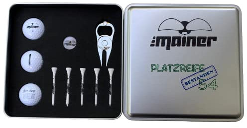 Emainer Golf Geschenk Set, mit hcp personalisierbare Golfbälle, Pitchgabel, Ball-Marker, Bambus Tees, in edler Metallbox (Platzreife)