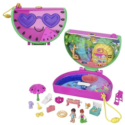 Polly Pocket Schatulle, Wassermelone in Pool-Party Thema, mit 12 Zubehörteile wie 2 Puppen (1 Meerjungfrau), Sonnenschirm und Liegestuhl, Spielzeug ab 4 Jahren, HCG19