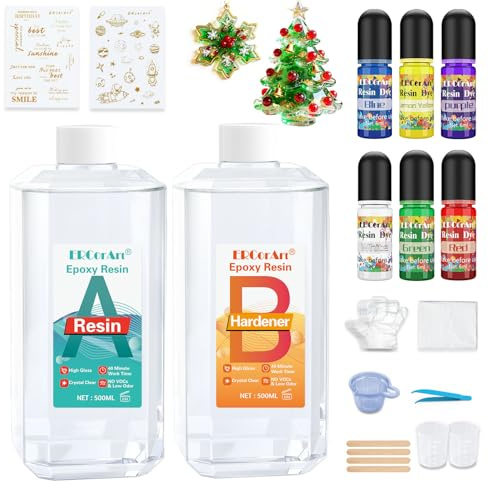 ERCorArt Epoxy Resin Kit - 1000ml/33.8oz Crystal Clear Casting Resin Kit with Droppers, Sticks, Gloves and Resin Glitter for Tumblers, Jewelry Resin, Molds, DIY Crafting Resin Kit