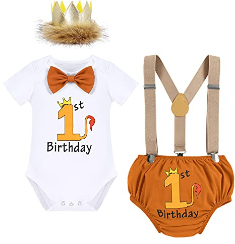 IWEMEK Vêtement Bébé Garçon 1 an Anniversaire Costume Garçons Cérémonie Tenue Barboteuse + Bloomer + Bretelle en Y + Nœud Papillon + Bandeau Couronne 4 Pièces Déguisement de Photographie