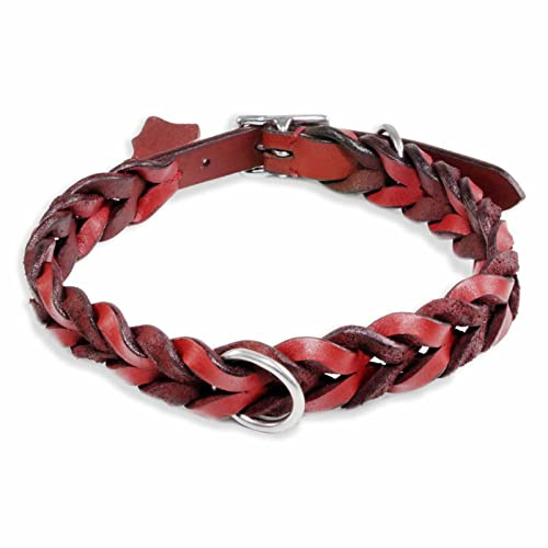 Monkimau Halsband Hund echt Leder Hunde Halsbänder rot geflochten Lederhalsband verstellbar Dog Collar Hundehalsband (M: 25mm x 55cm)