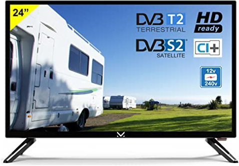 Majestic TVD 224 S2 LED V2 12 VOLT - Televisore LED HD Ready 24, DVB-T/T2 e DVB-S/S2, HEVC MAIN 10, Telecomando, USB, Nero