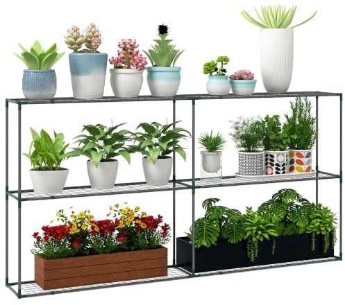 Outsunny Pflanzenregal Outdoor 222 x 30 x 114 cm Dunkelgrün | Blumenregal Pflanzentreppe mit 3 Stufen, Blumenständer Pflanzenständer Stahl, Für Garten, Balkon