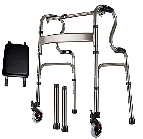 Lättvikts hopfällbar rollator med hjul Seniorer/handikappade Gåhjälp i aluminium Justerbar höjd Bärbar rollator (lädersäte) Dubbel komfort