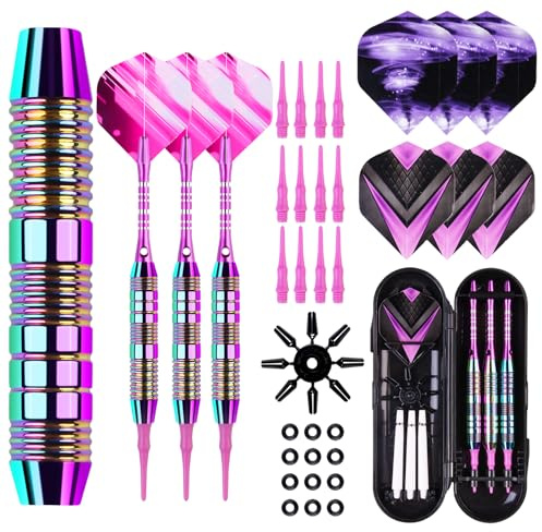 POFIBO Flechette Pointe Plastique, Set de 3 Plechettes pour Cible de Flechette Electronique, 21g Professionnel Fléchettes Souples avec 30 Pointes et Anneaux en Caoutchouc