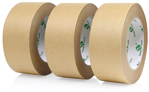 BOMEI PACK 3 Rolls Brown Kraft Tape Writable Recyclable Paper Box Tape Non PE Surface Coated Self Adhesive Sticky Paper Sealing Tape for Moving Cardboard Box Packing 50mm x 50m