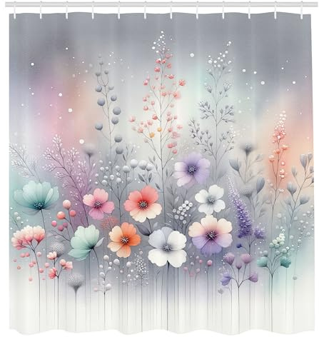 ABAKUHAUS Floreale Tenda da Doccia, Arte dei fiori di fantasia invernale, Tessuto Set di Decorazioni per il Bagno con Ganci, 175 x 200 cm, Grigio chiaro, Grigio Chiaro Viola Mare
