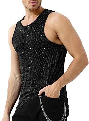 Casey Kevin Glitzer Tank Top Herren Pailletten Hemd Shirt Metallic Glänzend Ärmelloses Oberteil Streetstyle Disco Party Clubwear Herren, M