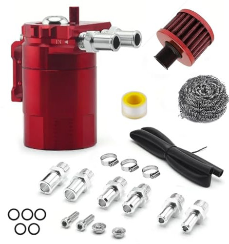 Oil Catch Tank, 350ml Auto Oil Tank Kann Kit Aluminium Ölauffangbehälter Rot Kraftstofftank Kann Öl Lagertank mit Luftfilter Schlauch Ersatzteile Zubehör Universal Auto Motor Öl Lagertank Ölkanne