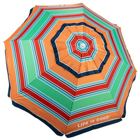 Life is Good 7' Beach Umbrella with Integrated Sand Anchor, Carry Bag, UPF 50+ Protection, Portable Outdoor Tilting Sunshade, Stripe