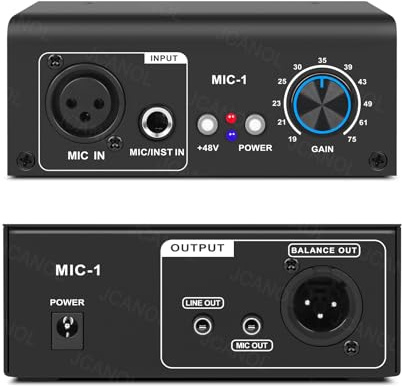 JCANOL MIC-1 Mikrofon-Vorverstärker Mic Gain Booster mit 2 Eingängen, max. 75 dB Verstärkung, 48 V Phantomspeisung, Ultra-Clean Gain für dynamisches und Kondensatormikrofon