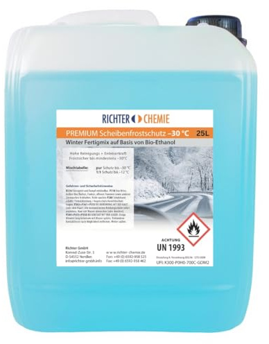 Richter Chemie Premium Scheibenfrostschutz -30°C 25 Liter, Gebrauchsfertig | Wischwasser Fertigmix, Auto Scheibenwaschanlage, entfernt Insekten, Harze und Streusalz; schonend zu Gummi und Lack